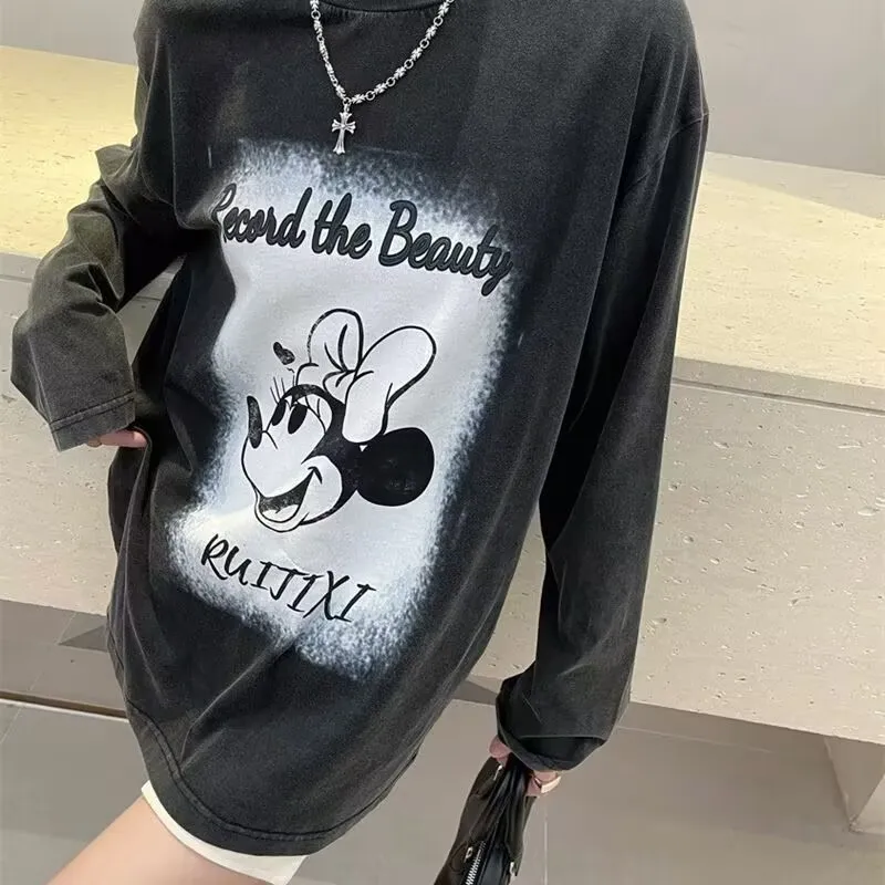 

Retro Oversized T Shirt Sweet Cool Style Washed Black Mickey Mouse Print Long Sleeve T Shirt Women Spring Autumn New Loose Tops