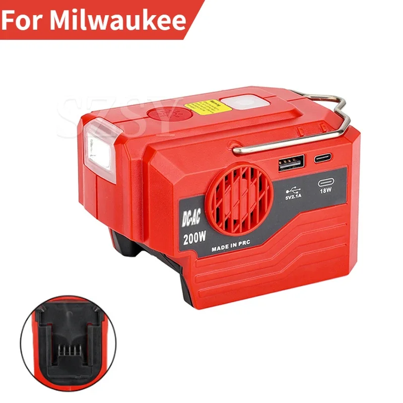 200W Outdoor Portable Inverter For Milwaukee 18V Battery To AC 110V/220V USB Tpye-C Power Bank Converter with Light Converter