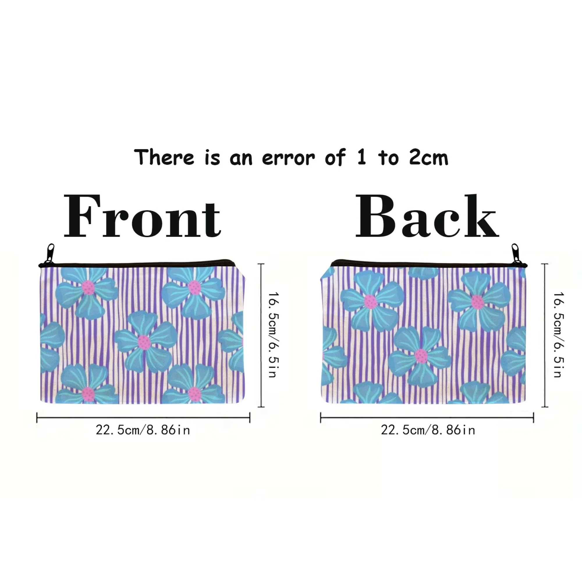 Flor azul y púrpura - Bolsa de maquillaje con rayas blancas, organizador de artículos de tocador de viaje, estuche de cosméticos con flores y rayas elegantes para viaje