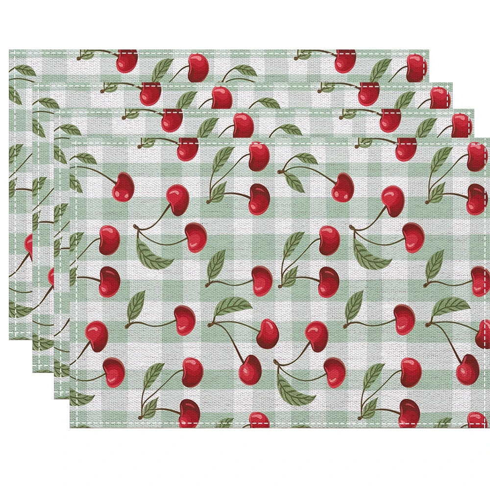 Green Gingham Cherry Placemats With Red Fruit Print For Vintage Farmhouse Dining Table Decor Cute Country Style Washable