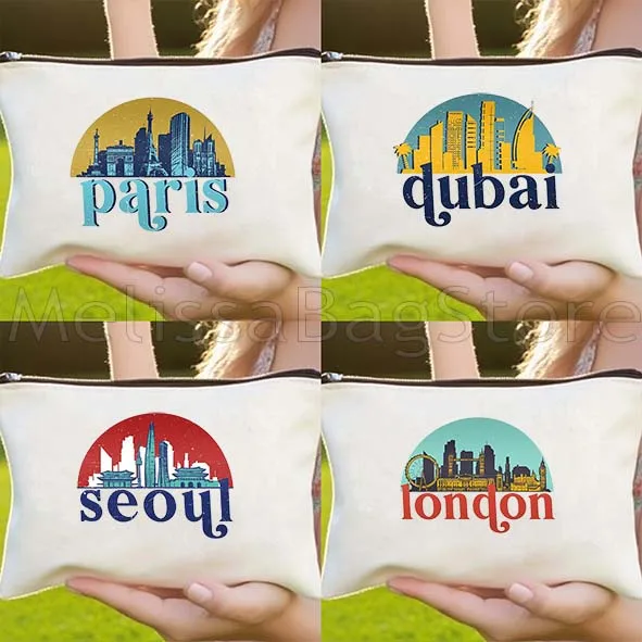 London Dubai Paris New York Skyline Cityscape Art Cosmetic Bag Makeup Case Travel Toiletries Organizer Storage Make Up Pouch
