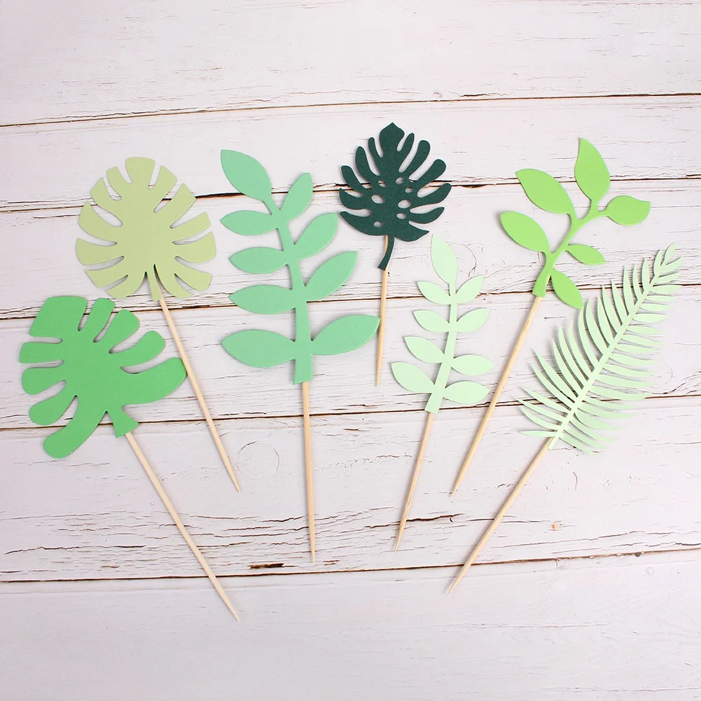 7pcs Tropical Palm Leaves Cake Topper Picks for Jungle Theme for Wedding 1st Birthday Party Safari Baby Shower Decoration