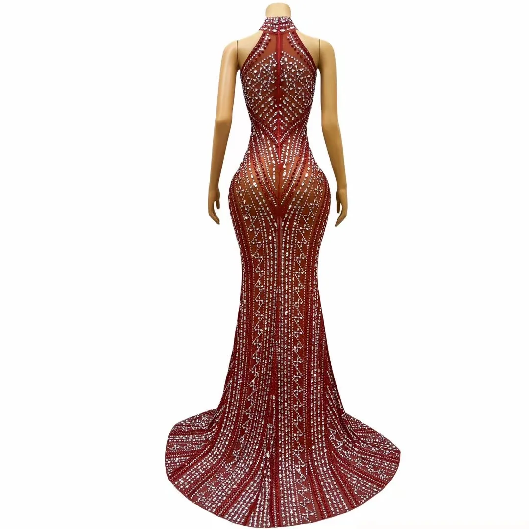 Luxury Silver Red Rhinestones Long Train DressSexy Sleeveless Grown Outfit Dance Stage ShowWedding Party Costume zhusha  C326