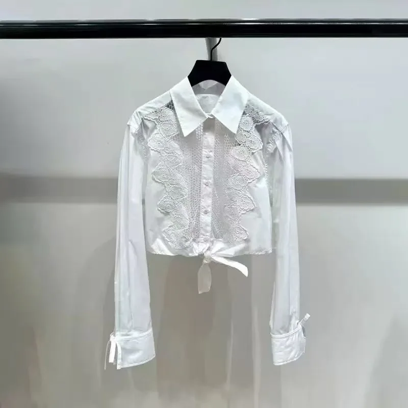 

White Lace Panel Knot Waist Hollow out Shirt Early Autumn New Style Women's Premium Cotton Long Sleeve Color Button up