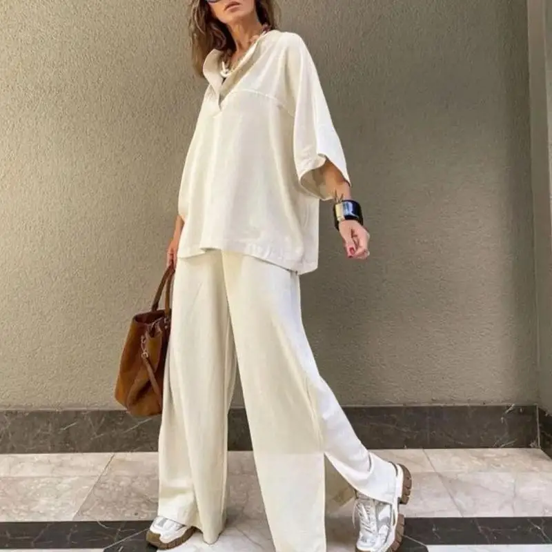 

Casual Commuting Female Outfits Fashion Loose Lapel Collar Tops+Side Split Pants Two Piece Sets Summer Elegant Solid Women Suits