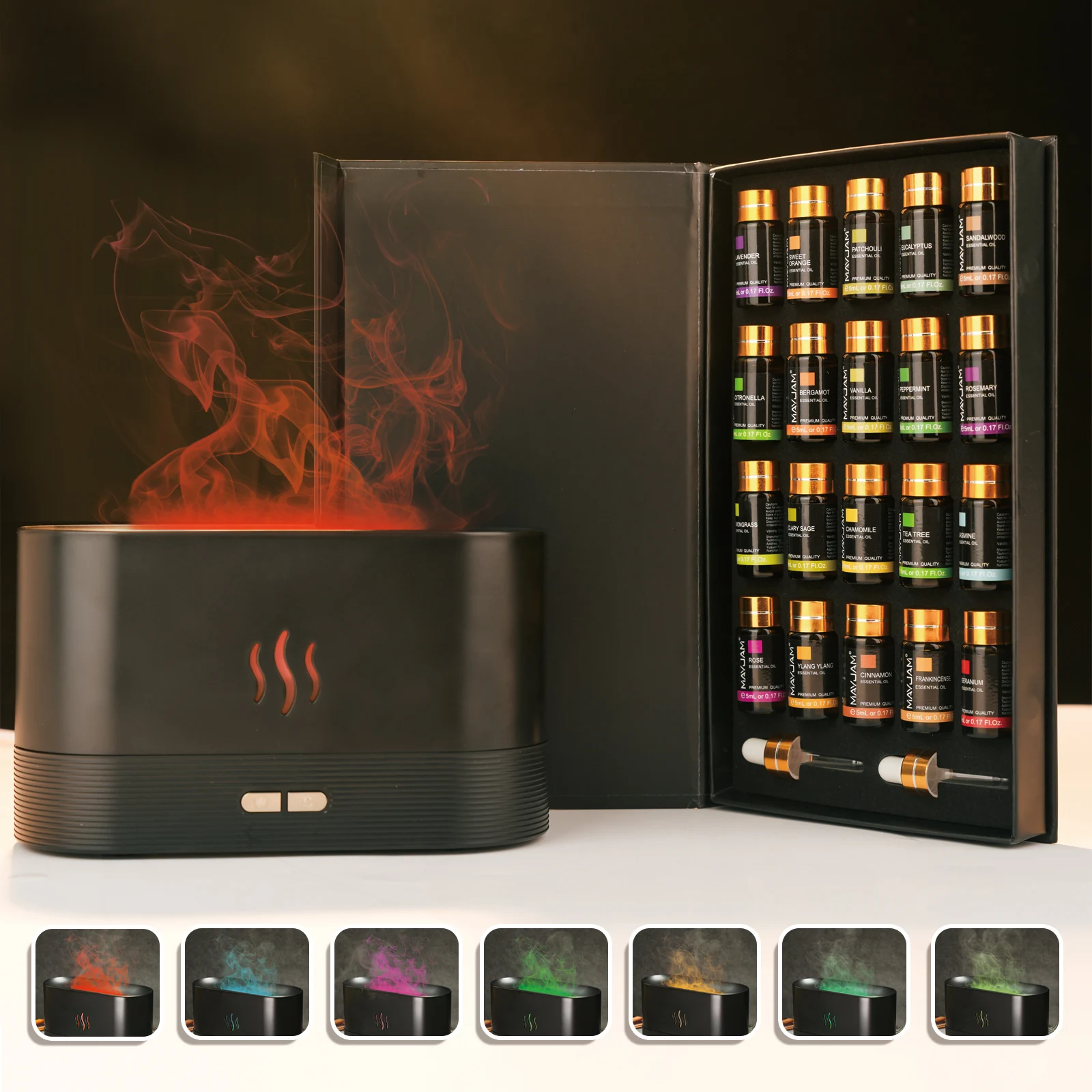 MAYJAM Essential Oil Humidifier Gift Set 20 Bottles Aroma Oils Lavender Eucalyptus Vanilla with Flame Air Diffuser Humidifier