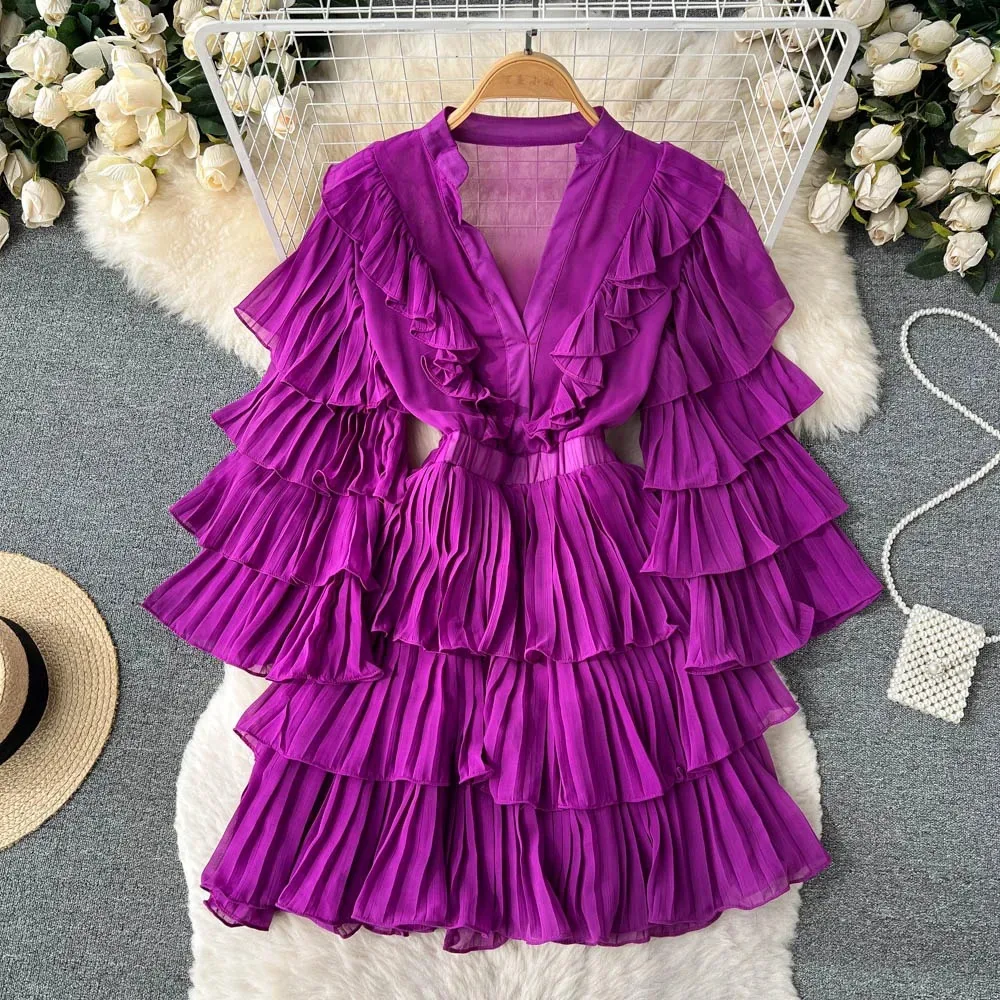 Vintage Elegant Ruffle Pleated Tiered Dress Chic  A-line Fashion Spring Autumn Flare Long Sleeve Vestidos Women Mini Dress