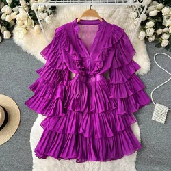 Vintage Elegant Ruffle Pleated Tiered Dress Chic  A-line Fashion Spring Autumn Flare Long Sleeve Vestidos Women Mini Dress