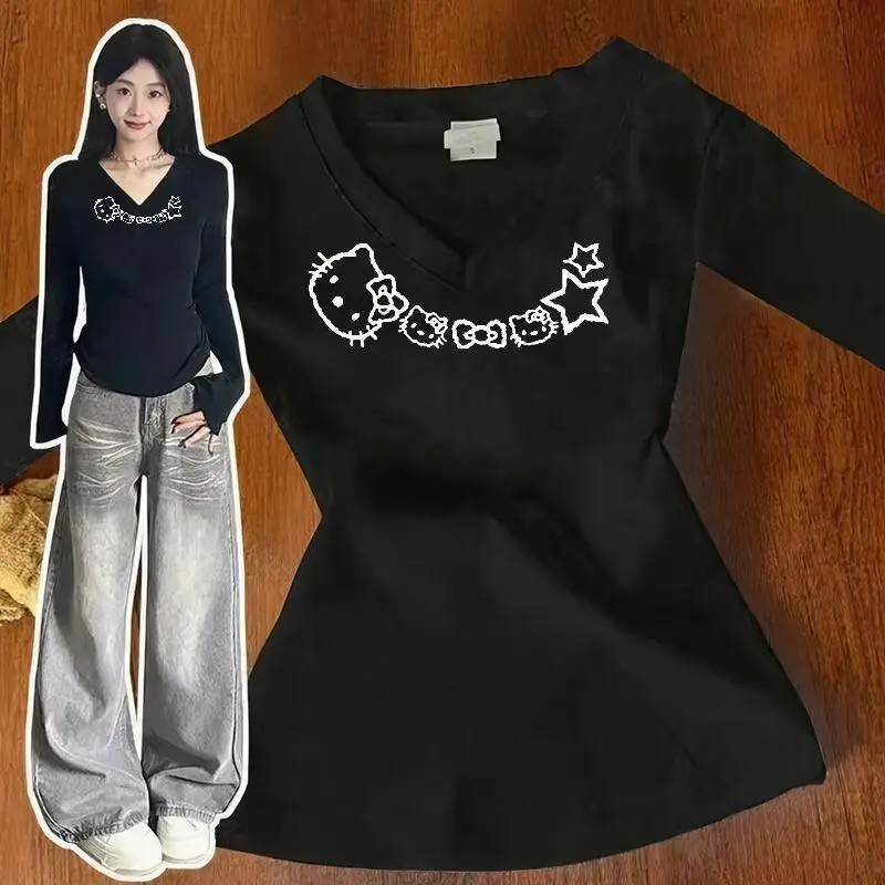 

Hello Kitty Sanrio Sweet Girl Long Sleeve Tee Cotton Women Student Fall Commuting Print V Neck Slim Fit Versatile Sale American