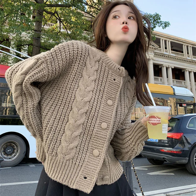 Knitted Twist Cardigan Women Fashion Short Solid Sweet Sweater Long Sleeve Autumn Buttons Warm Tops Harhjuku Female Jumper