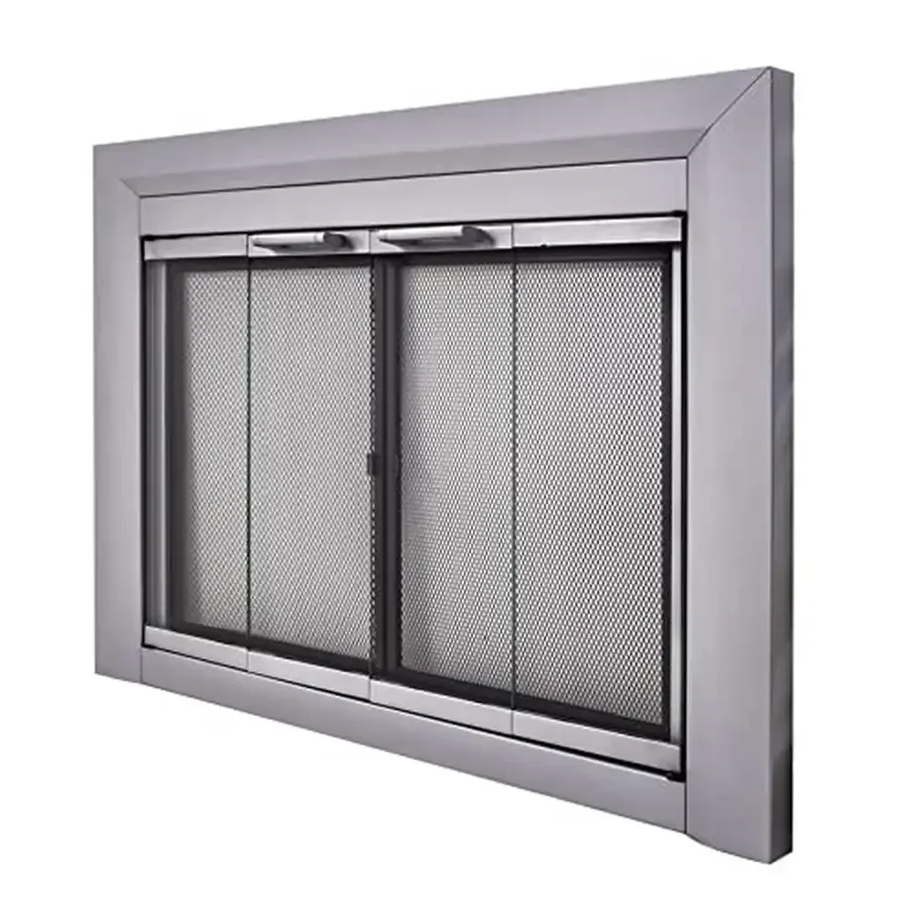 Medium Skyline Nickel Glass Fireplace Doors Energy Efficient Easy Grip Handles Fixed Mesh Panels Hidden Damper Control 37.5"L x