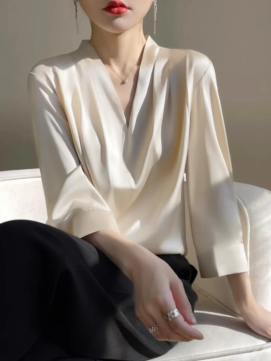 

Новая летняя женская блузка из ацетата с V-образным вырезом, рукавом 7/8, повседневная, свободного кроя, белая, универсальная, профессиональная, высококачественная, для ношения под одеждой