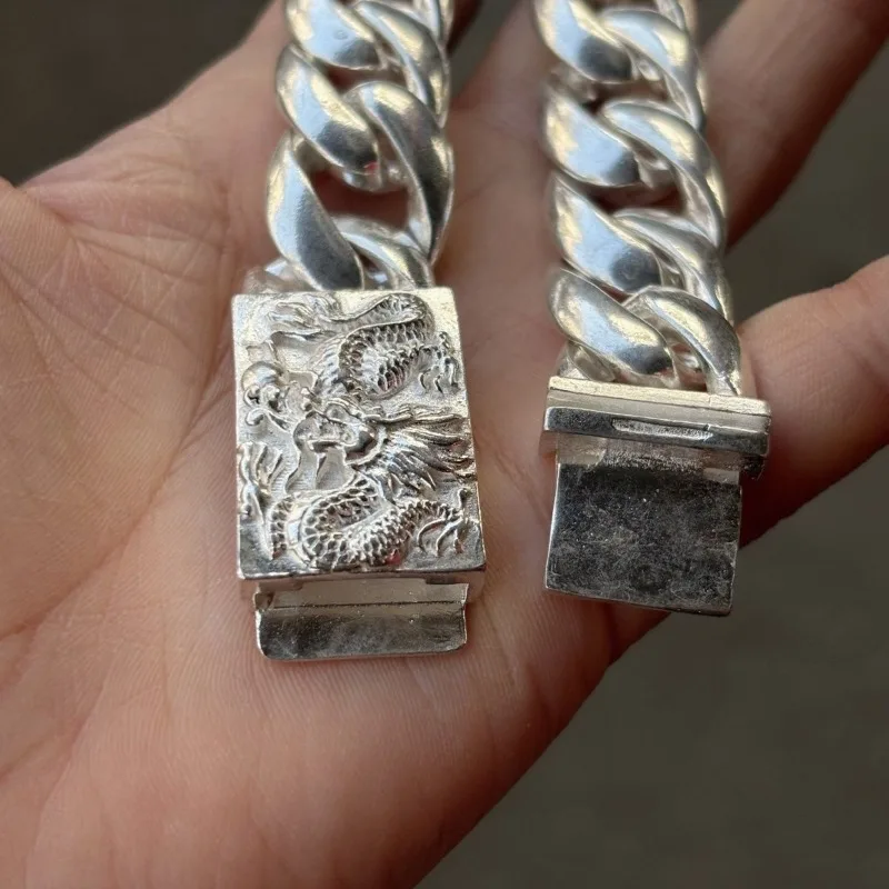 Vintage Miao Silver Plated Bracelet, Dragon Playing With Pearl Design Domineering Lucky Amulet Jewelry for Men Women