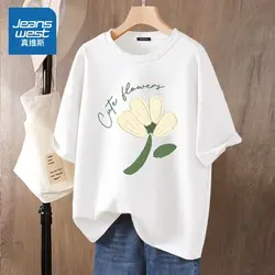 Lady Casual Simple Pullover Summer Cute Cartoon Flower Elegant Printed Loose Tee Shirt Women O-neck All Cotton Short Sleeve Tops