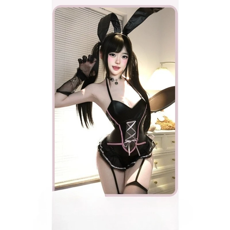 Sexy Bunny Girl Lingerie Corset Bodysuit Women Faux Leather Cosplay Costume Halloween Club Party Roleplay Outfit with - view 2