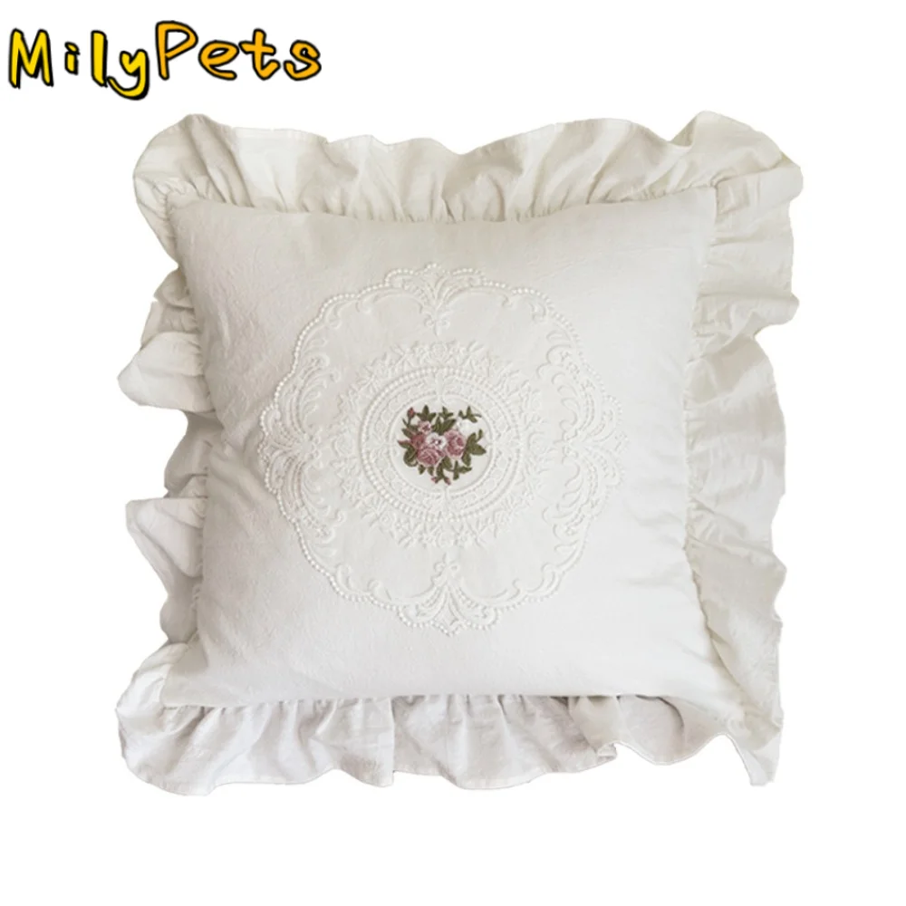 with Lotus Frill French Lace Pillow Cover Soft Washed Material White Cotton Pillow Case Comfortable Embroidered Cushion Cover