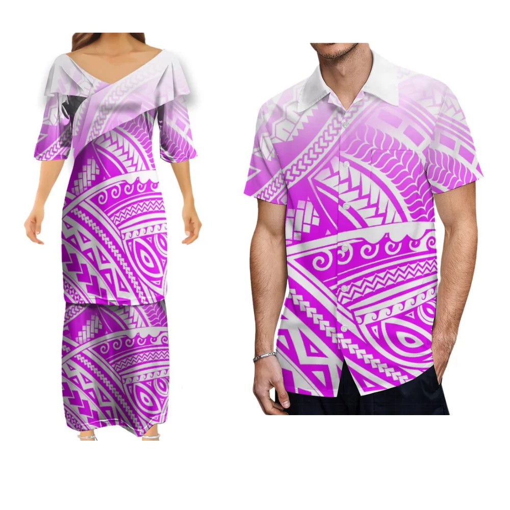 Samoa Island Clothing Custom Polynesian Puletasi Ruffled V-Neck Maxi Dress Hawaiian Men'S Shirt Couple Matching Suit