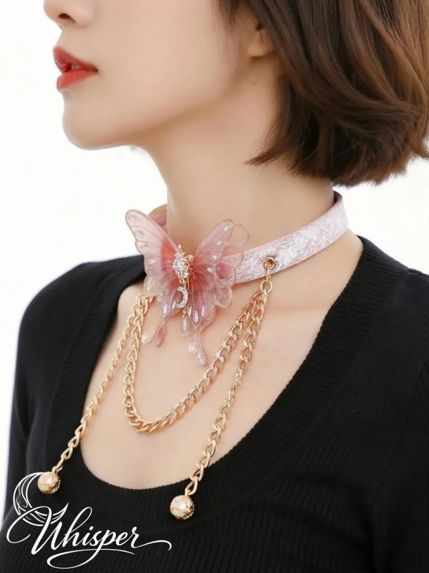 PUPPYchoker Pink Butterfly Collar for Women - Small-Sized Genuine Leather Dog Party Decoration Mask