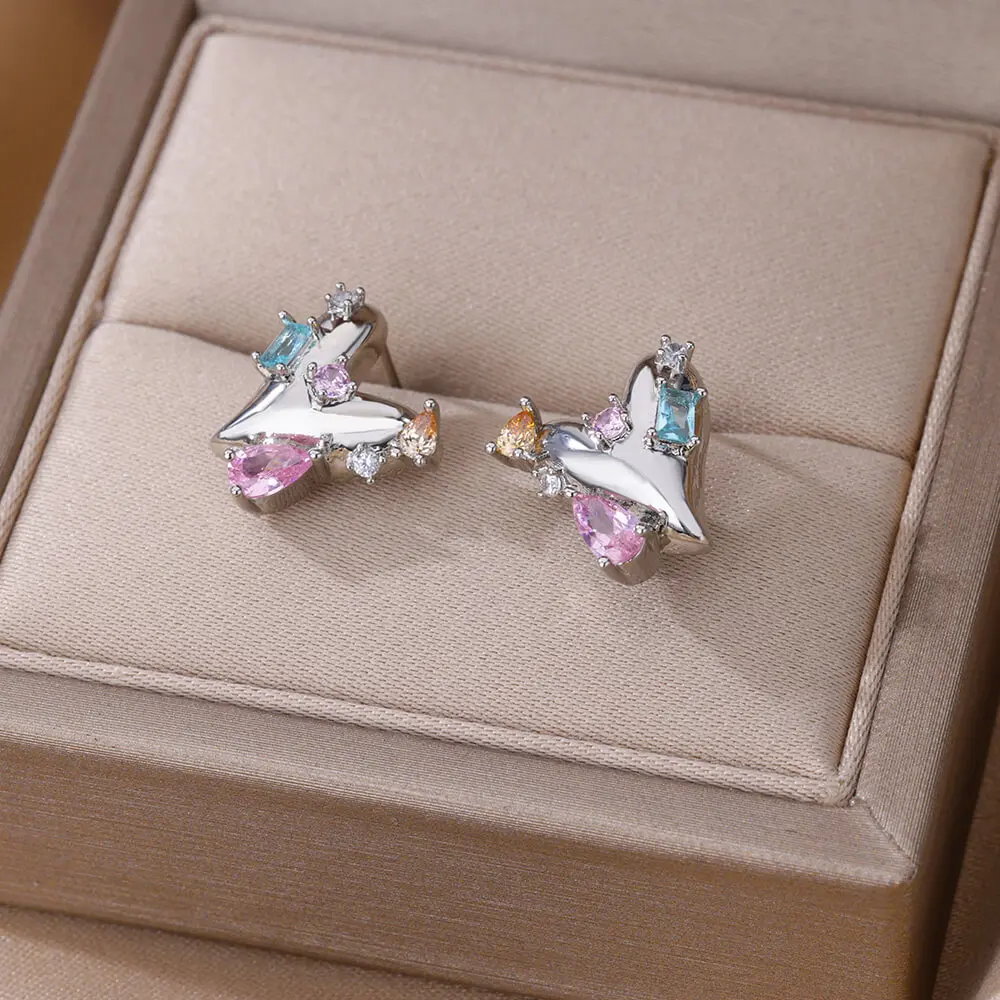 Luxury Heart Stud Earrings for Women Gold Color Piercing Stainless Steel Earrings 2024 Trend New in Couple Aesthetic Jewelry BFF