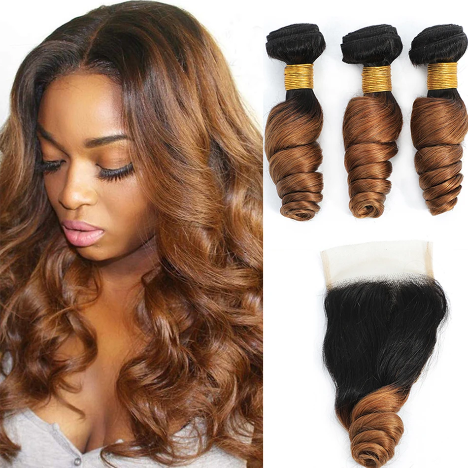 DreamDiana 10A Ombre Human Hair 3 Bundles with Closure T1B/30 Remy 100% Malaysian Hair Loose Weave 3 Bundles with Lace Closure