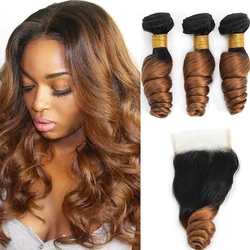 DreamDiana 10A Ombre Echthaar 3 Bundles mit Verschluss T1B/30 Remy 100 % malaysisches Haar lose Webart 3 Bundles mit Spitzenverschluss