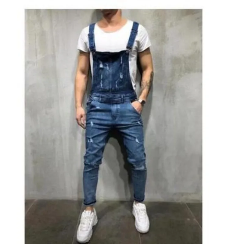 Spring Summer Men\'s Suspender Denim Jumpsuit Solid Color Fashion Jeans Pants Shorts