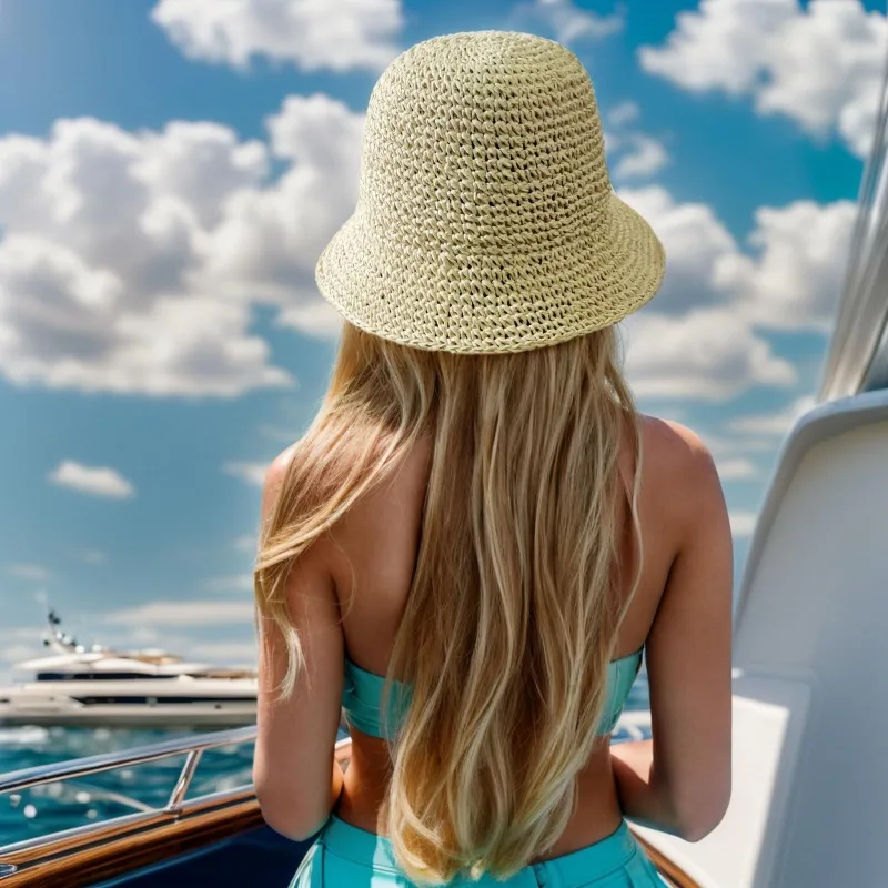 Foldable Wide Brim Panama Bucket Hat Hollow Woven Breathable Straw Sun Hat Soft Light UV Cap For Summer Beach Travel Outdoor
