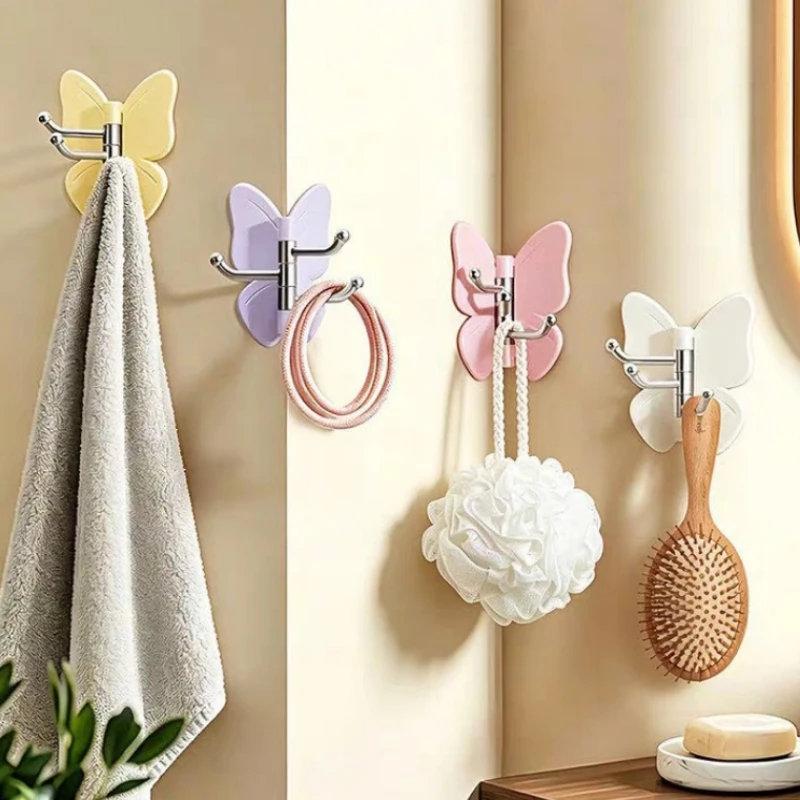 Rotatable Butterfly Self Adhesive Hook No Drill Wall Hanger 270° Swivel Decorative Sticky Hook Corner Organizer For Storage