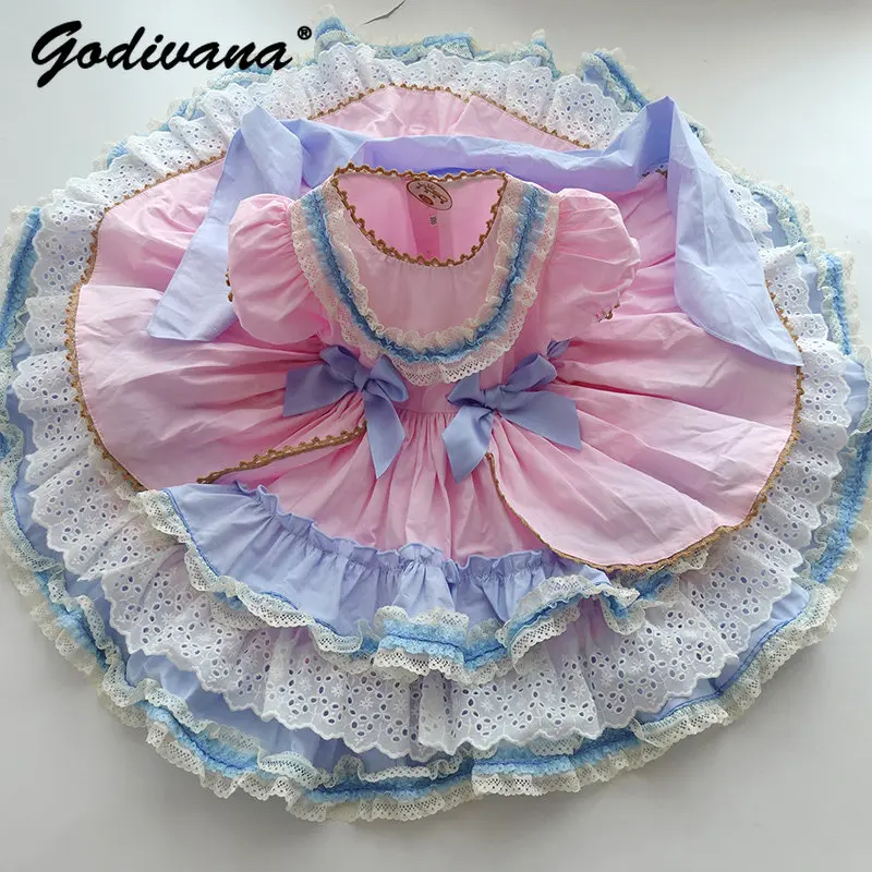 

Sweet Baby Girls Pink Blue Color Block Spanish Lolita Dress Childrens High End Puff Sleeve Lace Trim Cute Bow Princess Tutu Gown