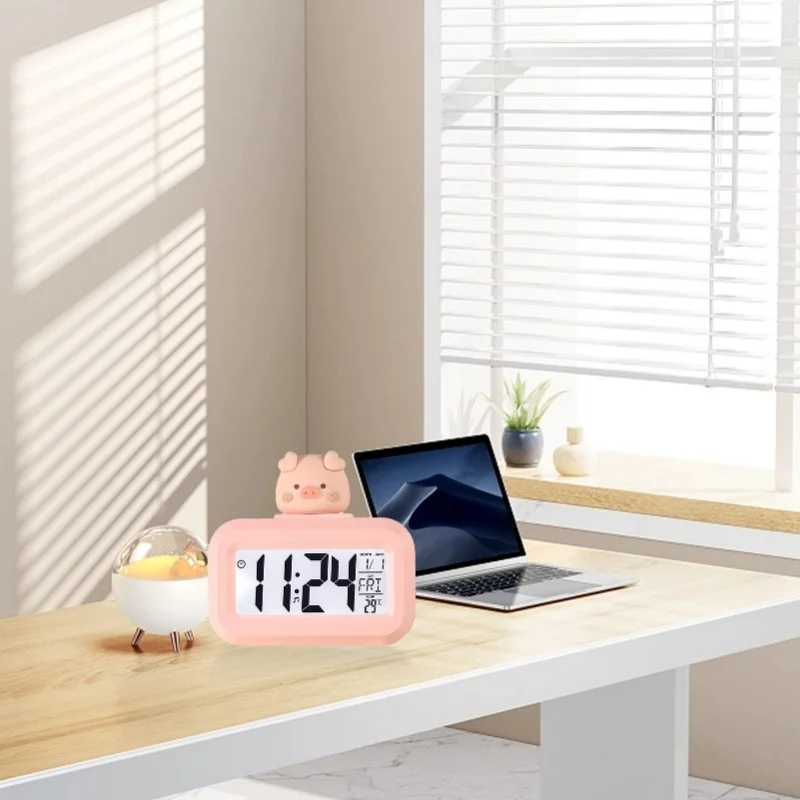 C5 Electronic Table Clock Cute Cartoon LED Screen Desktop Clock Electronic Alarm Data Time Calendar Temperature Clock Pink Piggy