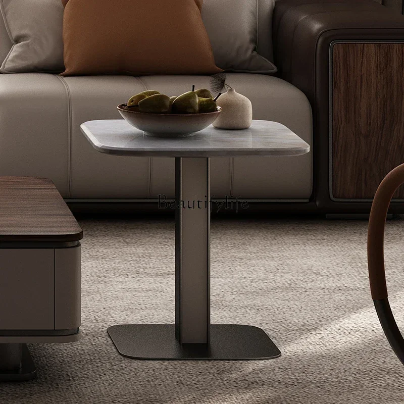 

05 FG17Natural Marble Corner Table Living Room Sofa Matching Square Side Table Walnut Wood