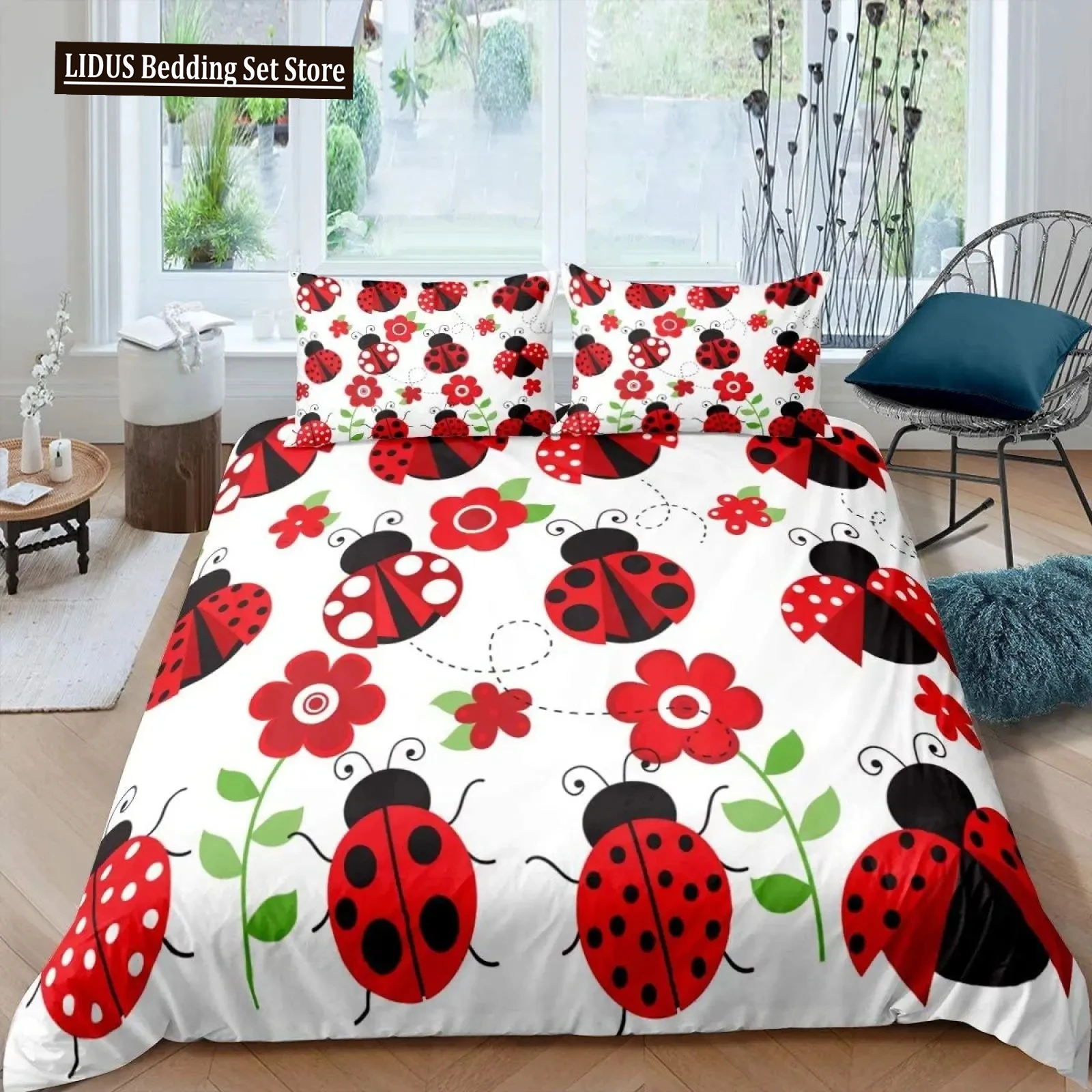 

Ladybug Duvet Cover Set 3D Ladybug Printed Bedding Set For Boys Girls Flying Entomology 2/3pcs Soft King Size Quilt Cover