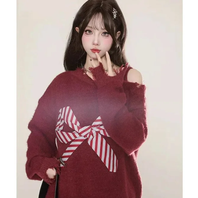 เสื้อไหมพรมเปิดไหล่ผูกโบว์หวานๆ สวมใส่สบาย นุ่มนวล สไตล์นักเรียน  คอลเลคชั่นใหม่ล่าสุดสำหรับฤดูใบไม้ร่วง