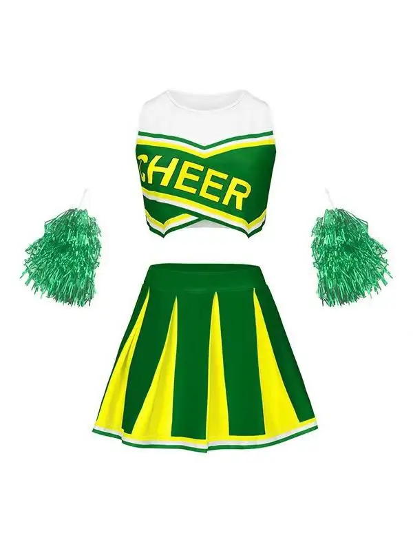 Cheerleading Uniform Sleeveless Crop Top Pleated Skirt Set Free Bonus Lace Flowers & Socks For Sports Competition Halloween view 6