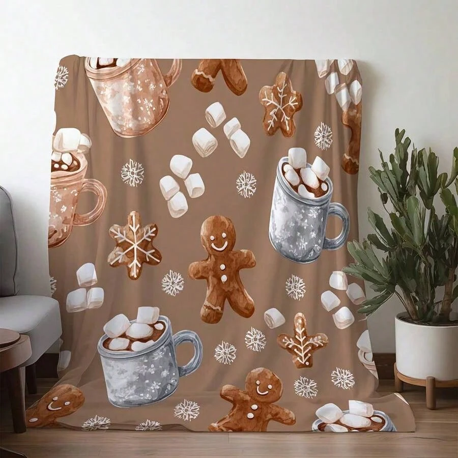 Christmas Gingerbread Men Hot Chocolate Flannel Blanket - Brown/Beige with Marshmallow Snowflake Print, All-Season Soft Throw