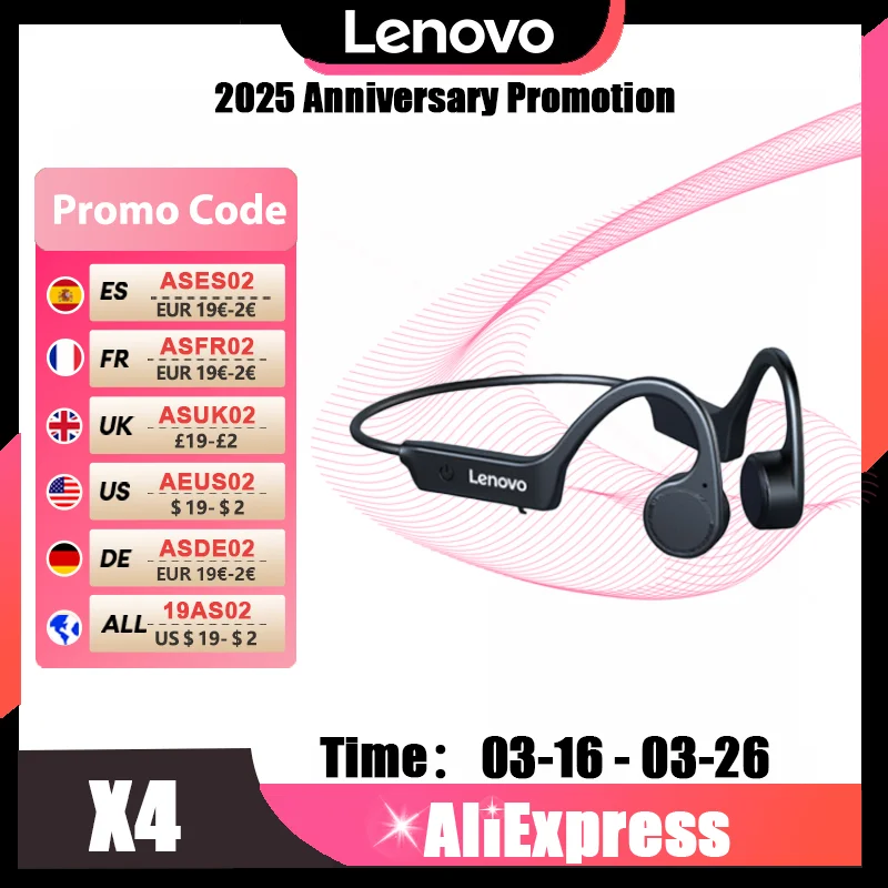 Original Lenovo X4 Bone Conduction Earphones Bluetooth Hifi Ear-hook Wireless Headset IP56 Waterproof Sport Earbud