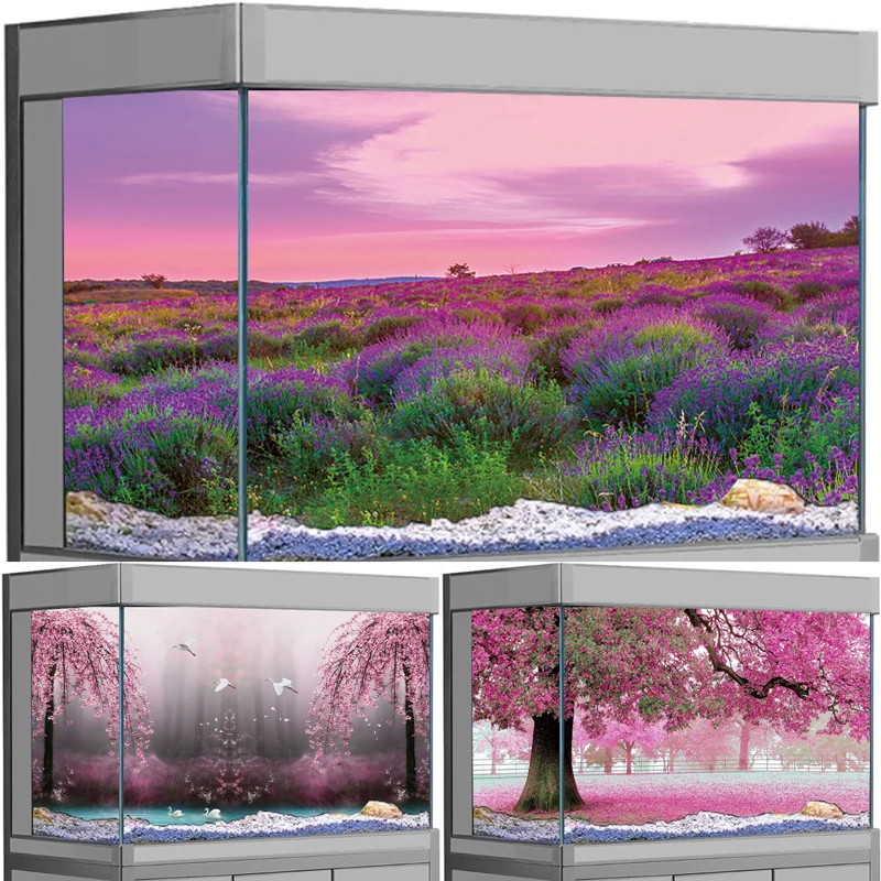 Lavender Flower Sea Cherry Tree Aquarium Background Sticker HD 3D Waterproof Fish Tank Decor Decal for Fish Tank Landscaping