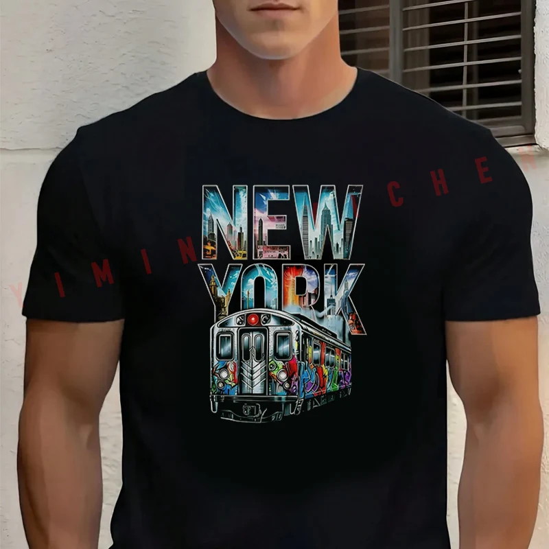 

Men's Black Retro New York City Subway Graphic Motorcycle Cotton T-Shirt New Men's Casual O-neck Short Sleeve Tees