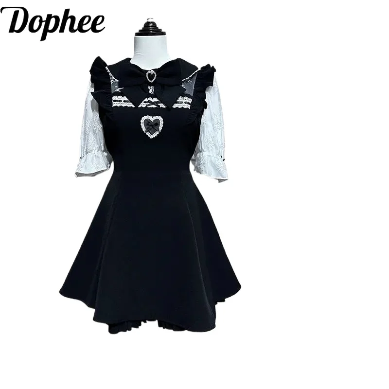 Dophee Japansese Spring Summer Women Sets Subculture Bow Short Sleeve Shirt Dress + Ruffles A-line Wide Leg Shorts Gothic Suits