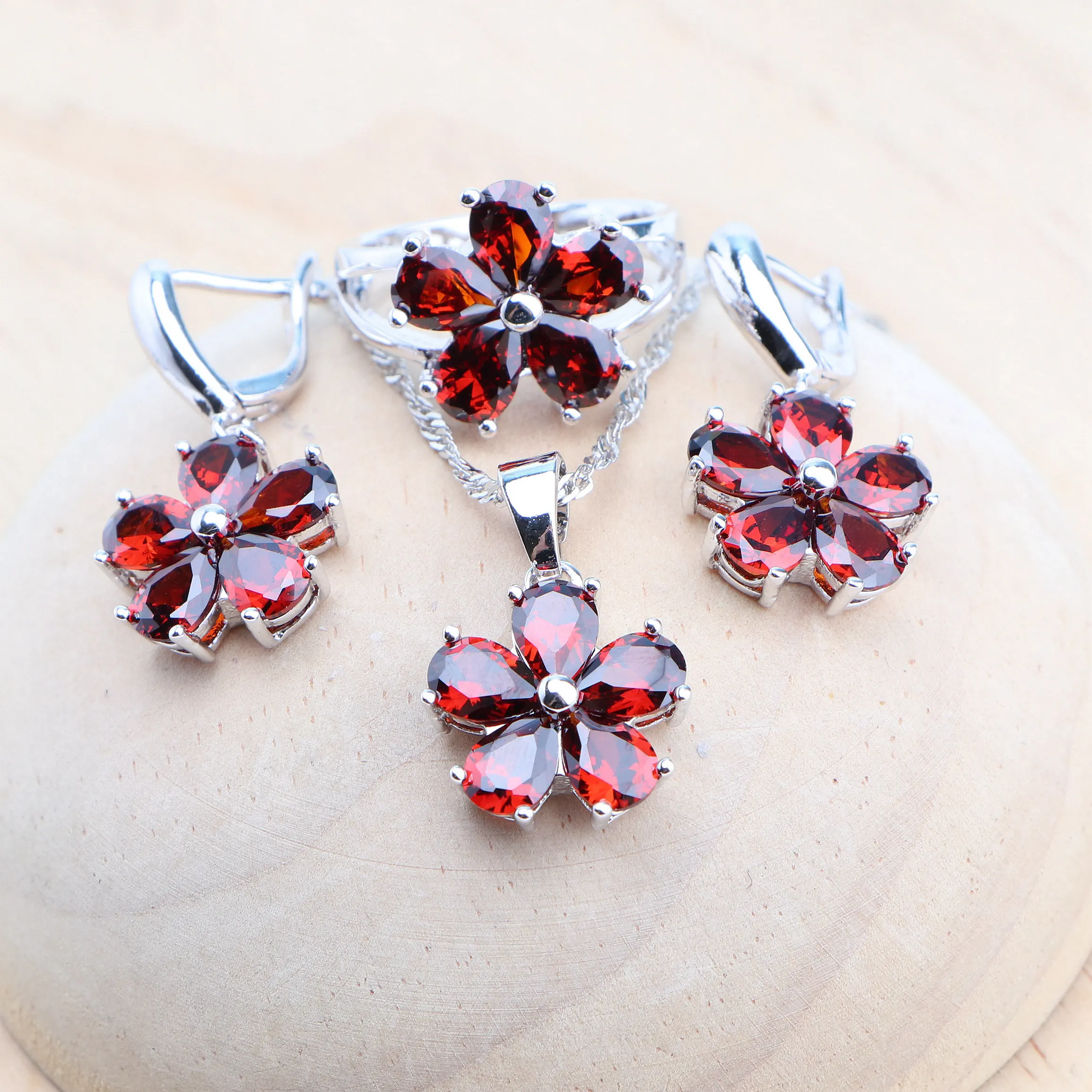 925 Sterling Silver Jewelry Sets Earrings Rings Pendant Necklace Red Zirconia Bridal Bracelets For Women Wedding Set Jewelry