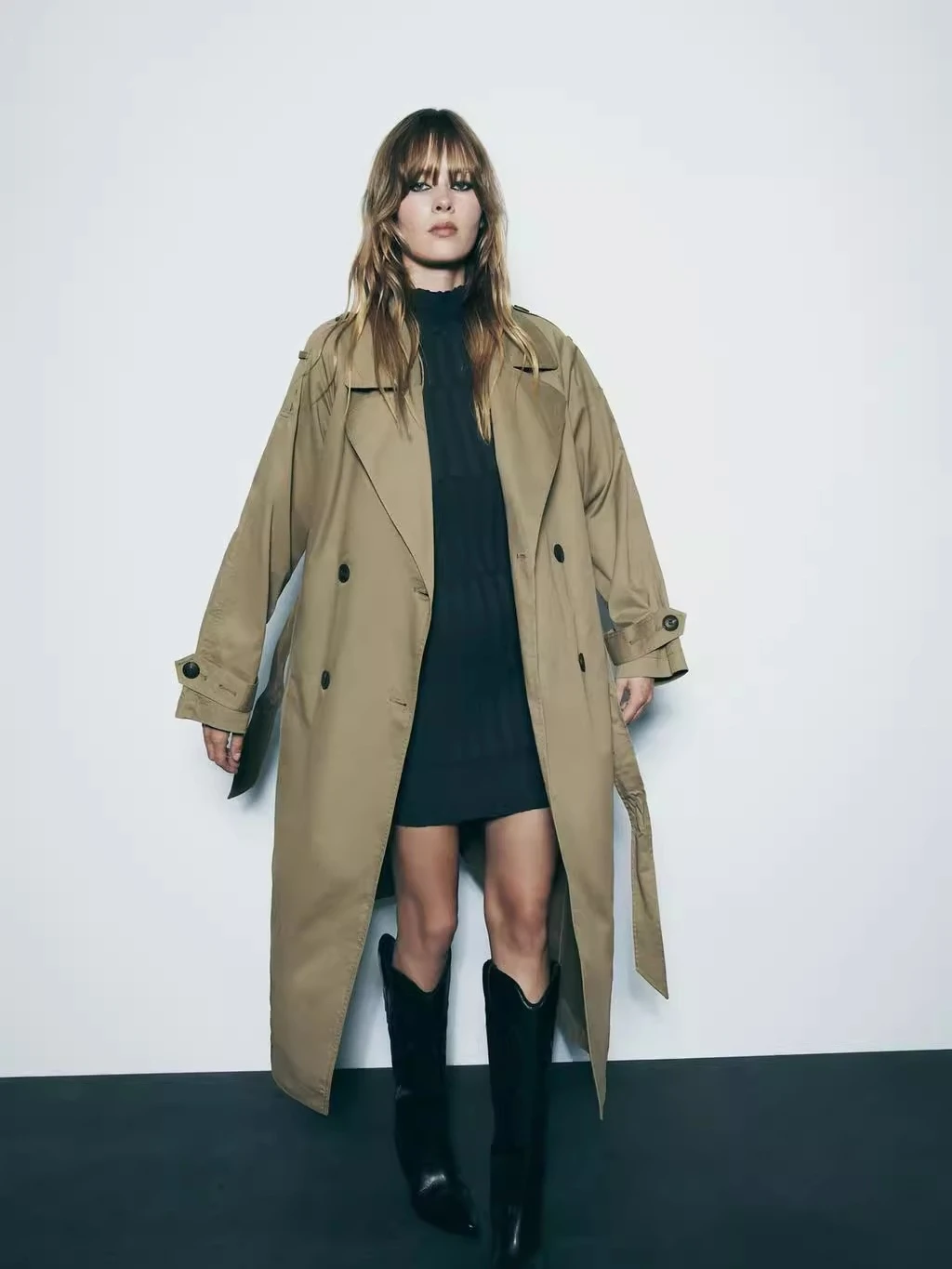 

New 2023 Women's Long Coat with Waist Belt Double-breasted Windbreaker Jaet Korean Sle Loose Fit Polyester Fiber