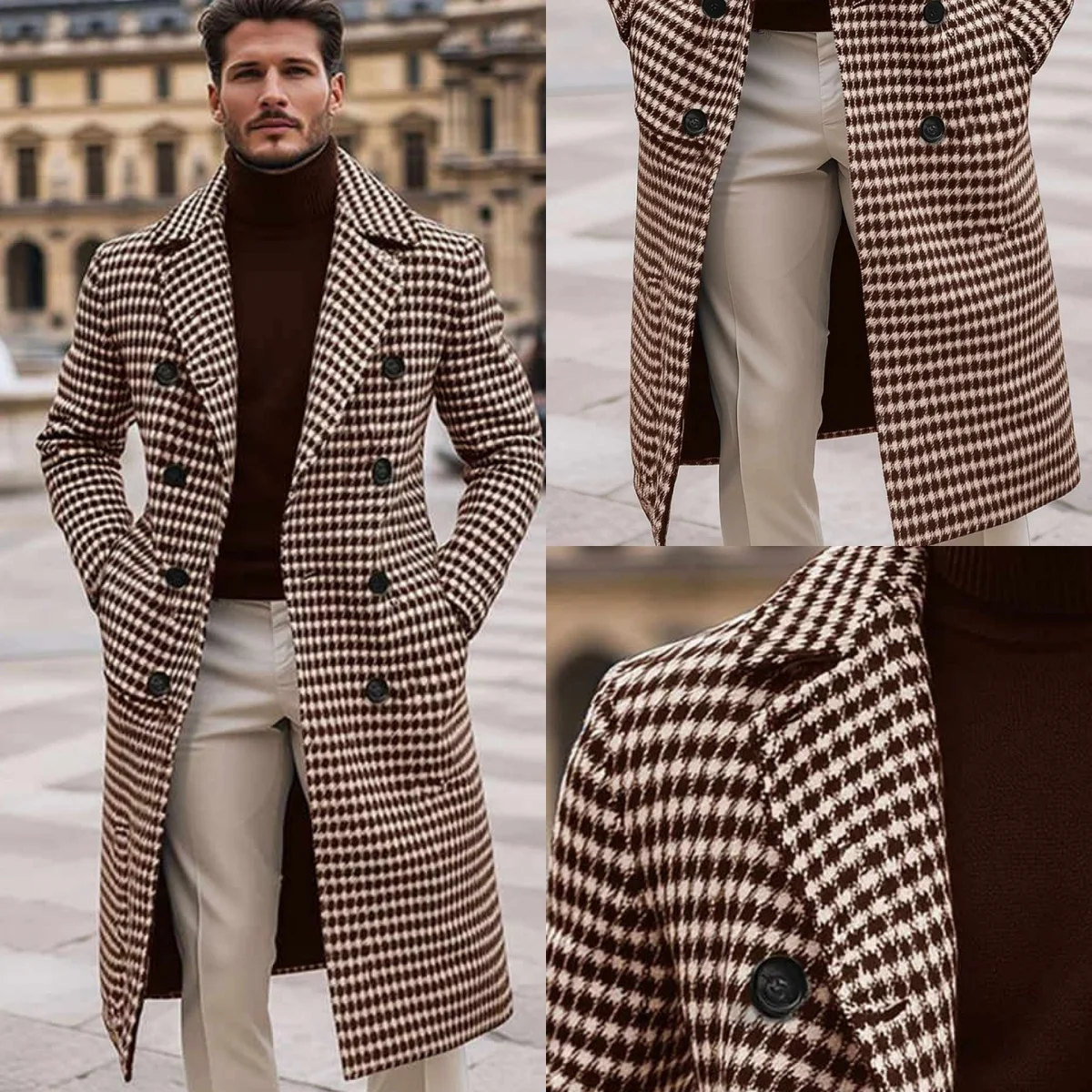 

Handsome Men's Double Breasted Houndstooth Long Overcoat Autumn Winter Warm Trench Jacket For Casual Occasions Custom Made Coat