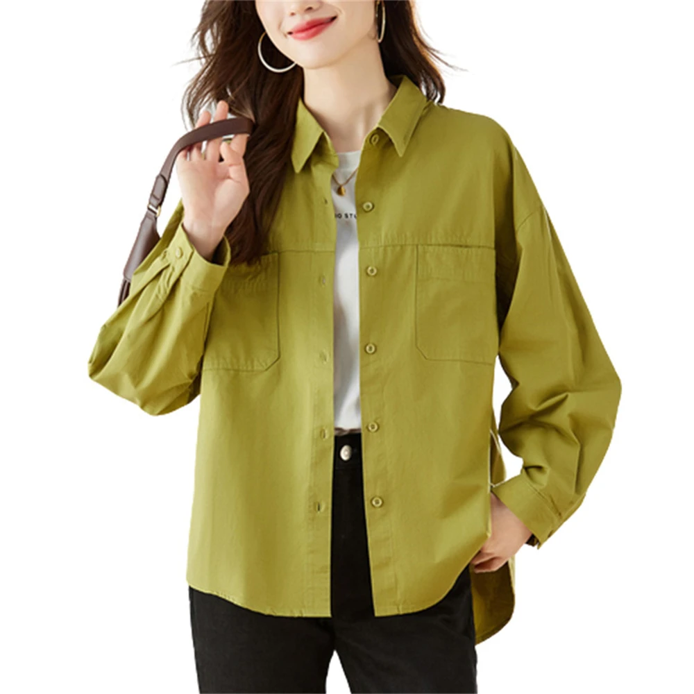 Camisa de algodón de Color sólido para mujer, abrigo Retro de manga larga, blusa de oficina para mujer, Tops sueltos de temperamento de moda para mujer, Otoño, nuevo