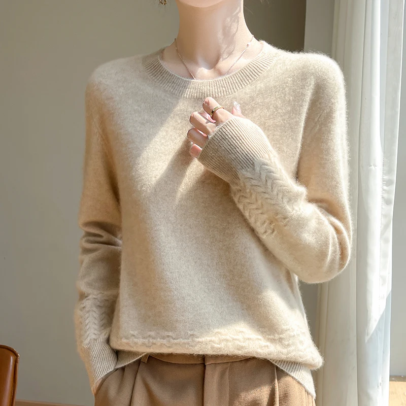 Новый универсальный вязаный свитер с волнистым подолом и круглым вырезом из 100% чистой шерсти, однотонный зимний трикотаж для поездок на работу