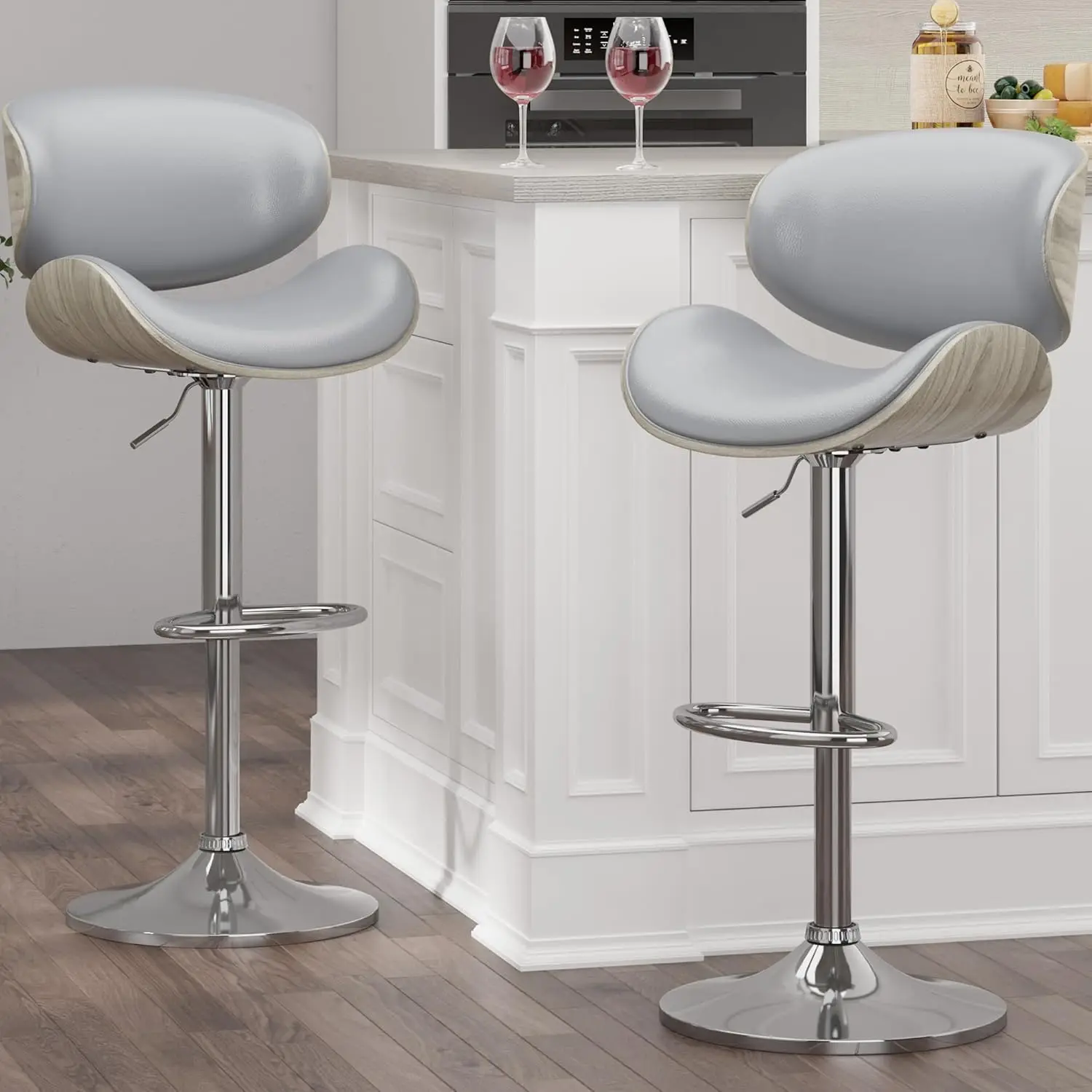 Bar Stools Set of 3 Bentwood Adjustable Height Swivel Stools PU Leather Upholstered Bar Chair with Back and Footrest