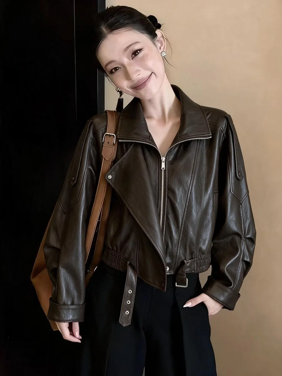 Cool Short PU Leather Jacket Women's Zipper Motorcycle Clothes Street Style Warmth Straight Tube Type Long Sleeve Pure Color