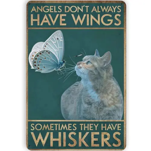 12x8Inches Metal Black Cat Signs Angels Don't Have Wings Some Whiskers Tin Signs