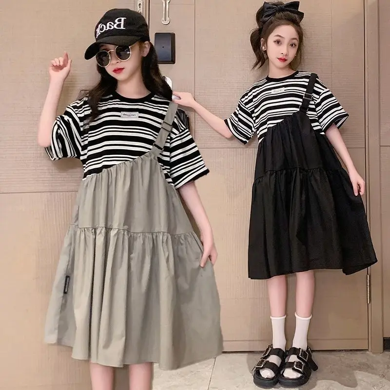 

Teenager Girls Dresses 2025 New Summer Clothes Big Kids Fake Two Pieces Loose Princess Dresses Children Striped Strap Vestidos