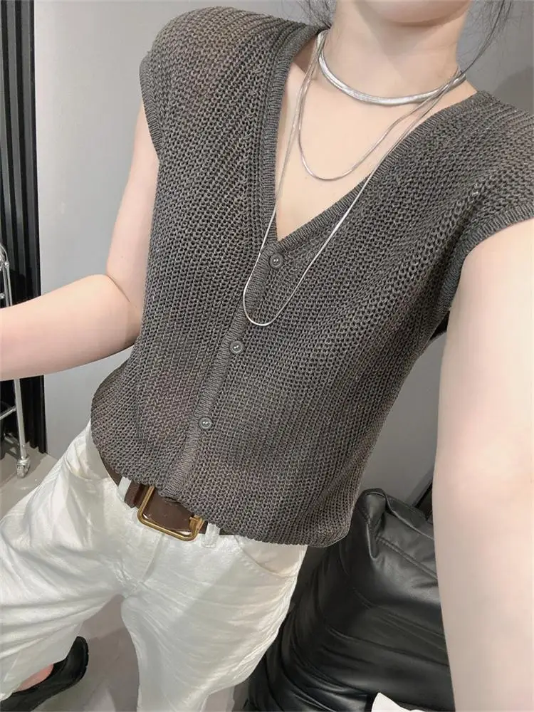 

ay Ice Silk Knitted Open Cardigan ort Sve V-Ne T-irt Women's Summer plus Size Faion Slimming Korean Sle Top