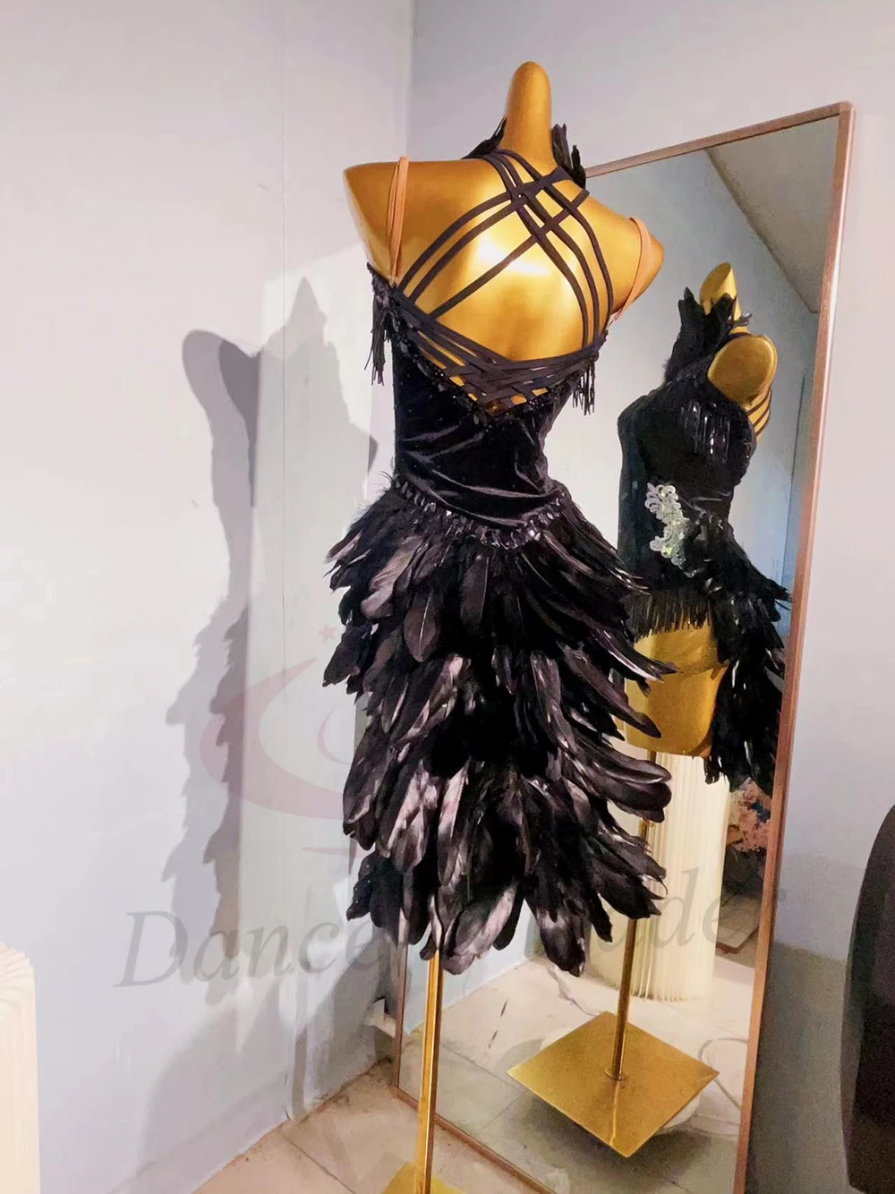 Abito da ballo latino per bambini adulti AB Stone High-End personalizzato Piuma nera Cha Tango Abbigliamento professionale da donna